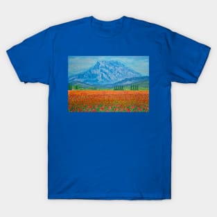 A mountain and a field with red poppies T-Shirt